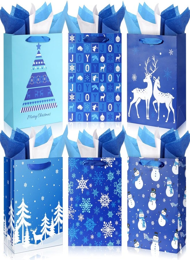 Pascliyna 12 Large Christmas Gift Bags with 12 Tissue Paper, Bulk Winter Holiday Blue Gift Bags with Handles, 6 Styles Xmas Paper Treat Bags for Christmas Winter Holiday Presents Party Favors, 5.1x10x12.6 Inch - Image 1